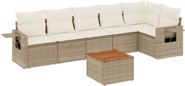 vidaXL 7-teilige Garten-Sofagarnitur in L-Form aus Poly-Rattan mit Kissen in Beige und Cremeweiß - Bild 1