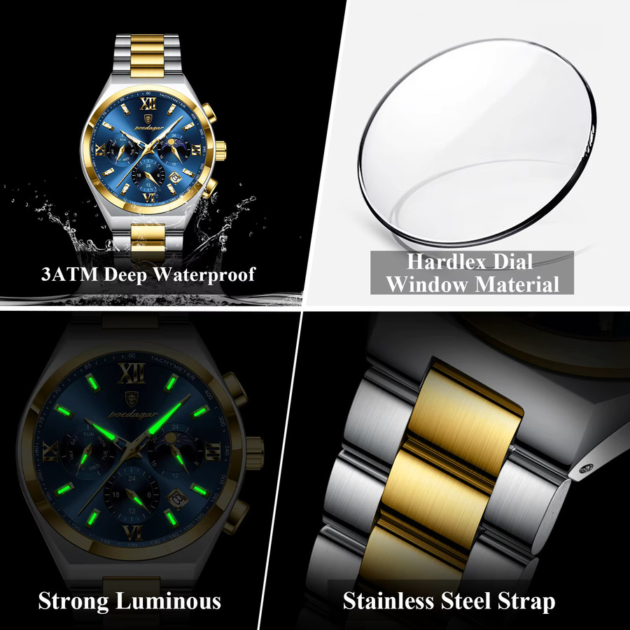 POEDAGAR Armbanduhr Quarz, Edelstahl, Blau, Herren - Bild 4