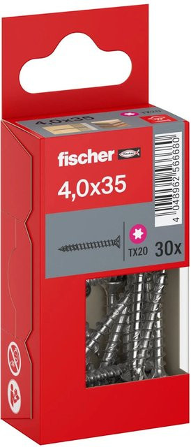 Fischer PowerFast II A2 Senkkopf TX Vollgewinde Schraube aus Edelstahl in Silber, Durchmesser: 4 mm, Länge: 35 mm, 30 Stück - Bild 1