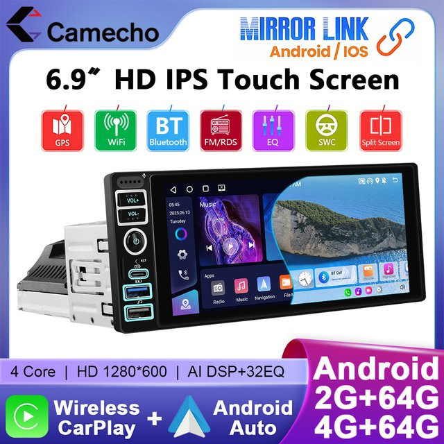 Camecho Android Auto Autoradio mit 6,9 Zoll IPS Bildschirm, 64 GB Speicher, GPS, WIFI, Carplay und Typ-C Anschluss in Schwarz - Bild 1