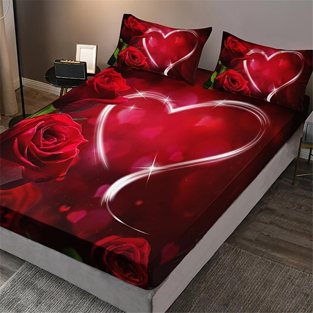 3-teiliges Bettwäsche-Set Binchi Fitness mit Rosen-Print in Rot, atmungsaktives Microfaser-Spannbettlaken-Set, B/T/H: 138 x 190 x 25 cm - Bild 1