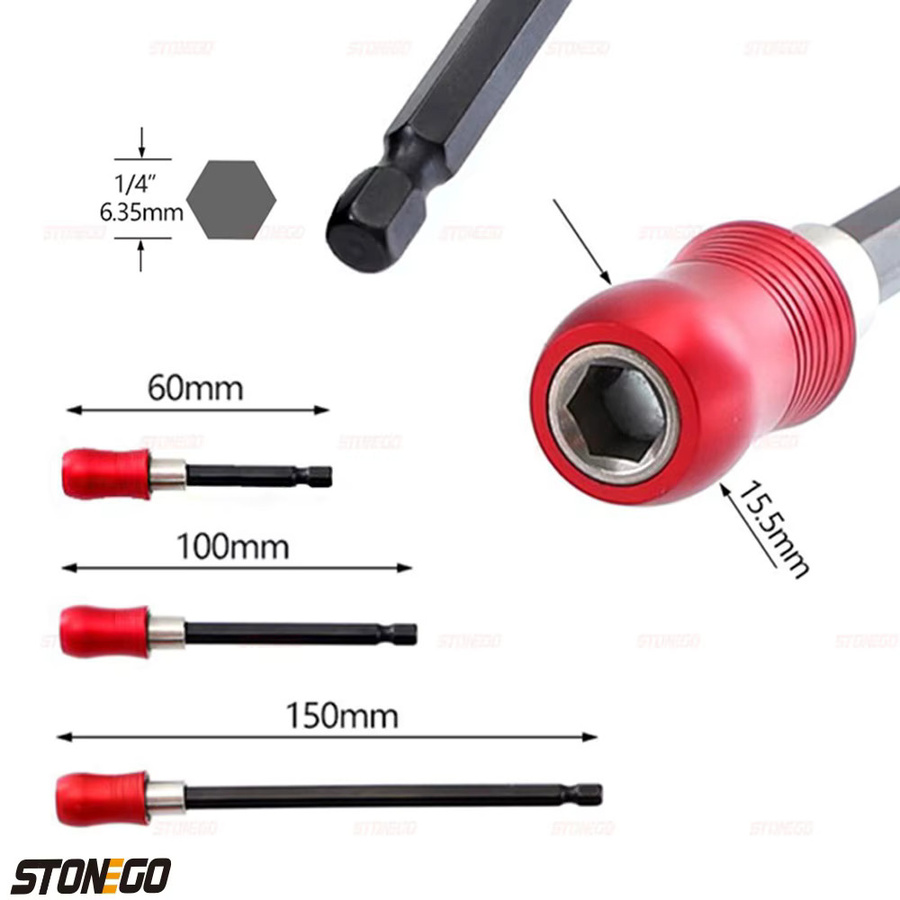 STONEGO Magnetischer Bithalter für Sechskantschaft mit 60 mm, 100 mm und 150 mm als Bohrerhalter und Verlängerungswerkzeug - Bild 2