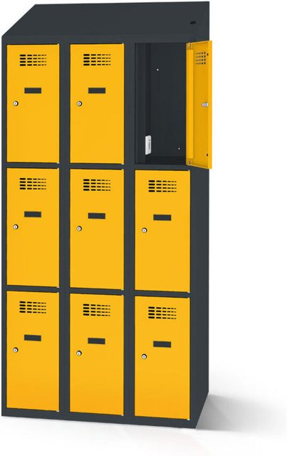 rotstahl Fächerschrank mit Ladefunktion und 9 Fächern in Gelb mit anthrazitgrauem Korpus, B: 90 cm, H: 200 cm - Bild 1