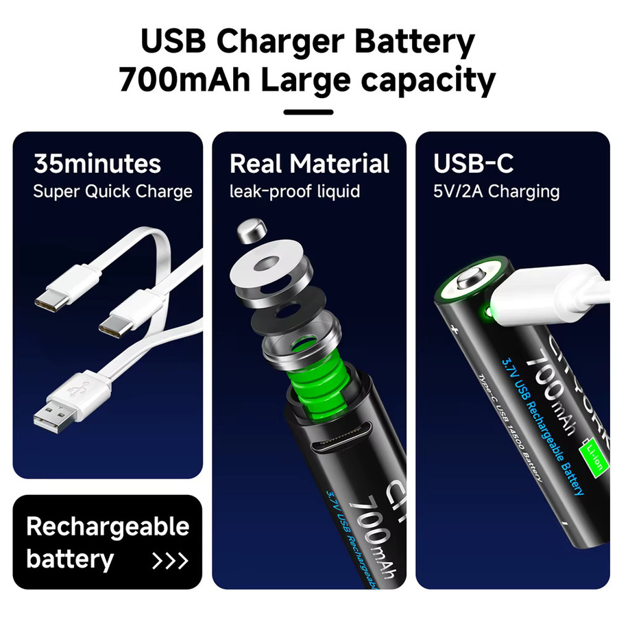 CITYORK 14500 AA Lithium-USB-Akkuzellen, 3,7V, 700mAh, Schwarz - Bild 3