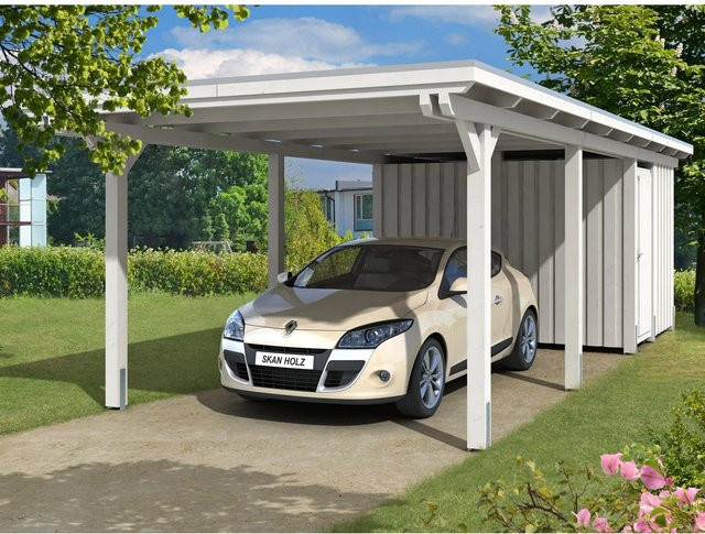 Skanholz Einzelcarport Emsland aus Leimholz mit Abstellraum, Farbe: Weiß, B/T: 354 x 846 cm, Firsthöhe: 238 cm - Bild 1
