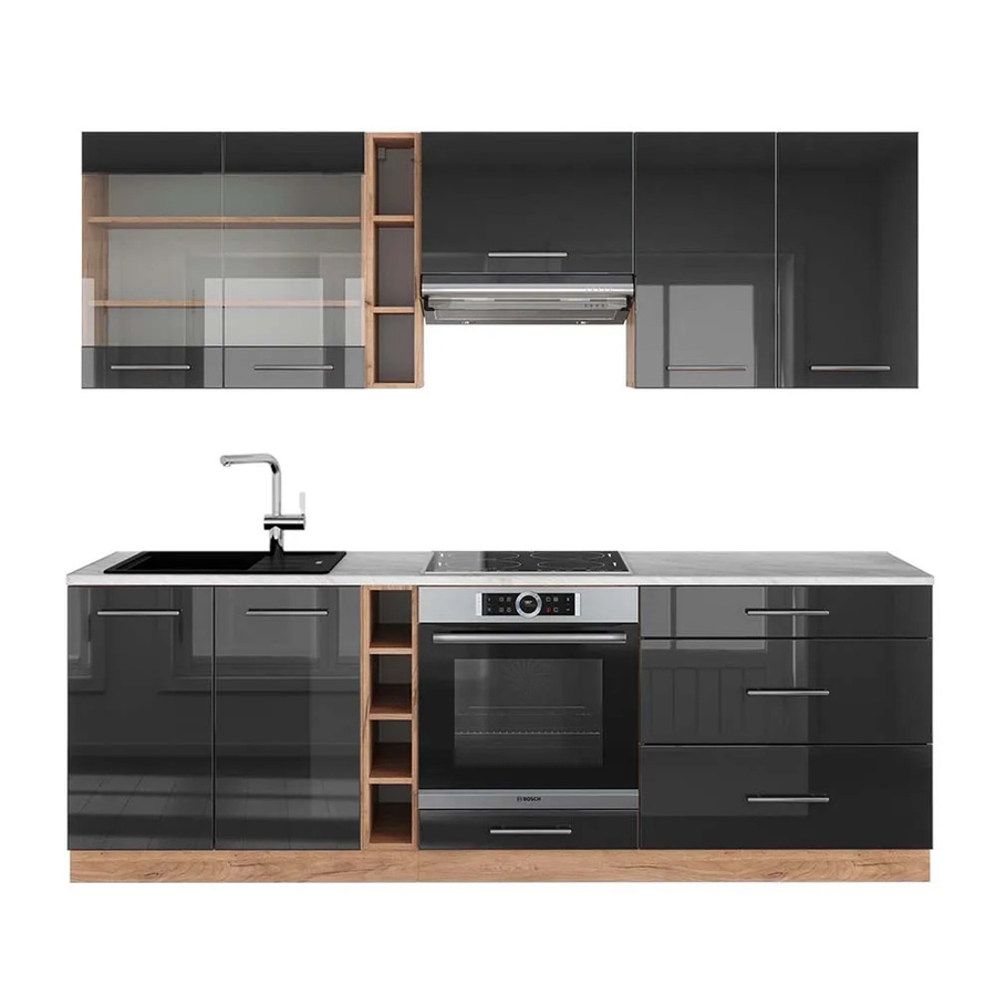 Vicco Fame-Line Küchenschränke Anthrazit Hochglanz und Goldkraft Eiche mit Marmor-Optik, B/H: 235 x 82 x 60 cm - Bild 2