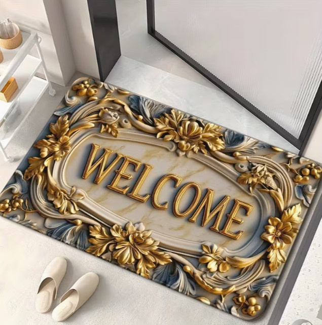 Elegante Fußmatte mit 3D-Goldrahmen und Blumenmotiven, rutschfest und saugfähig, B/T/H: 30 x 30 x 30 cm - Bild 1