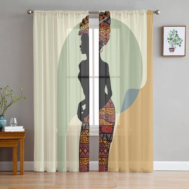 A Family Of Home Textiles Sheer Fenster Vorhang mit afrikanischem Frauen-Motiv, Tüll-Dekoration für Wohnzimmer und Schlafzimmer, B: 135 cm, H: 274 cm - Bild 1
