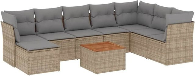 vidaXL 9-teilige Garten-Sofagarnitur in L-Form aus Poly-Rattan und Akazienholz mit Kissen in Beige-Grau - Bild 1