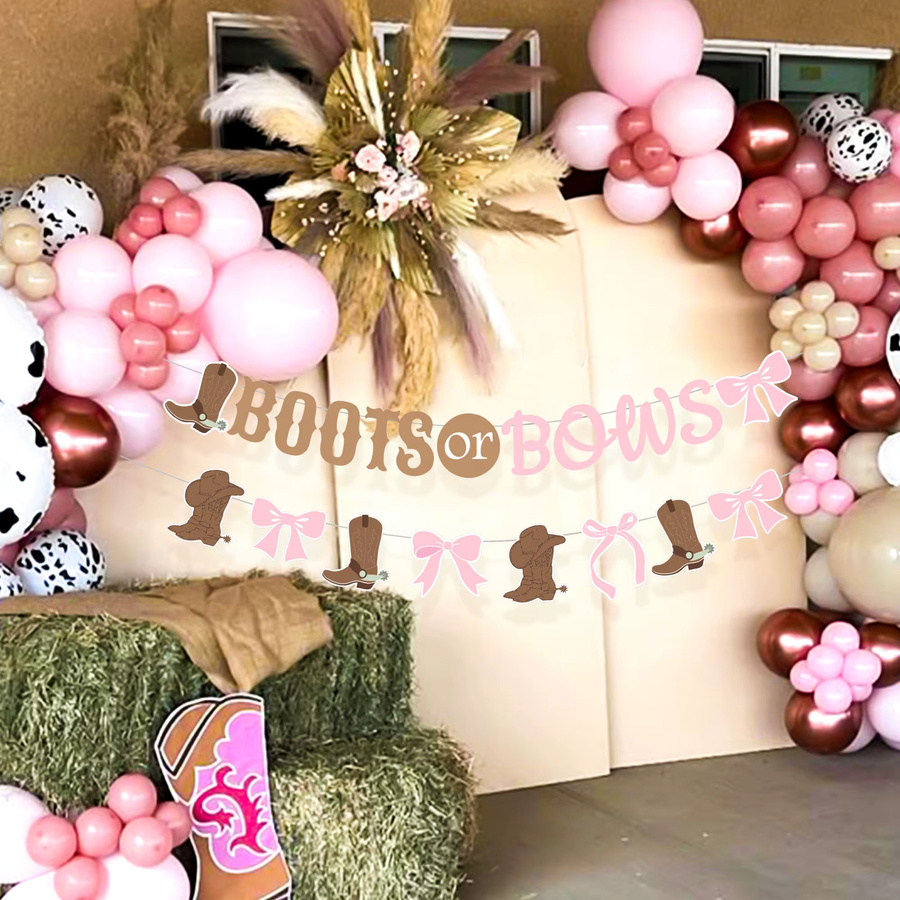 LaVenty Gender Reveal Banner mit Stiefel- und Schleifen-Motiv in Pink und Multicolour für deine Cowgirl Partydekoration - Bild 2