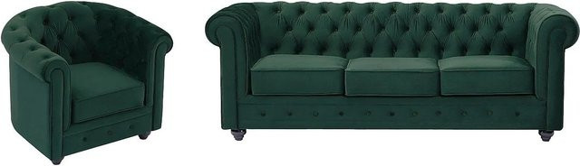 Vente-unique Chesterfield Couchgarnitur aus Samt in Grün bestehend aus einem 3-Sitzer-Sofa und einem Sessel - Bild 1