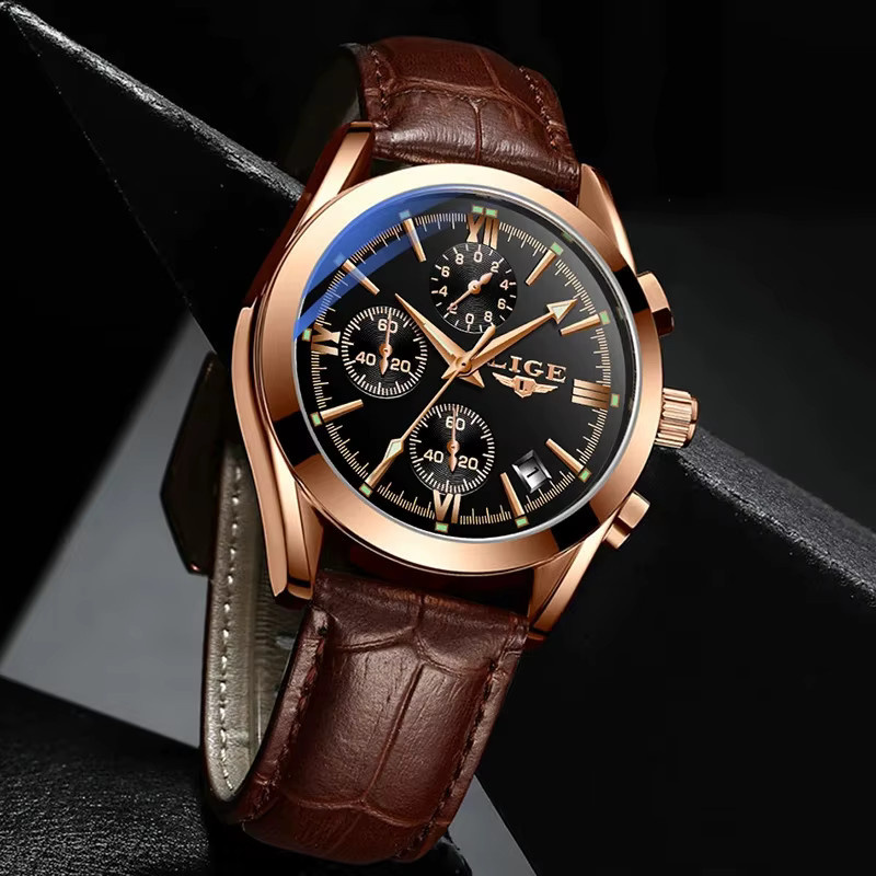 LIGE Chronograph Herren, Quarz, Leder, Schwarz, Roségold, Bicolor - Bild 3