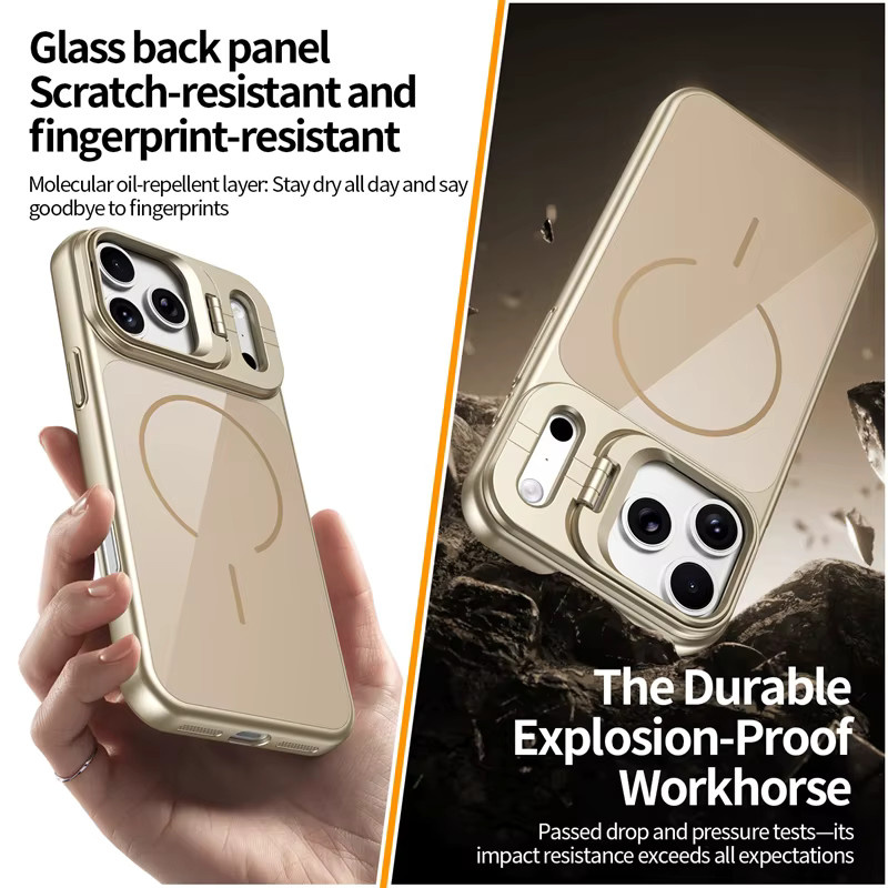 SUNWARD Magnetische Schutzhülle aus gehärtetem Glas mit MagSafe, Stoßschutz und Kameraständer für iPhone, Farben: Grün und Gold - Bild 3