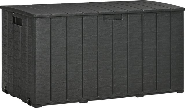 Outsunny Gartenbox in Holzoptik aus Kunststoff, 366 Liter wasserdichte Kissenbox mit Rollen und Griffmulden, UV-beständig, braun/schwarz - Bild 1