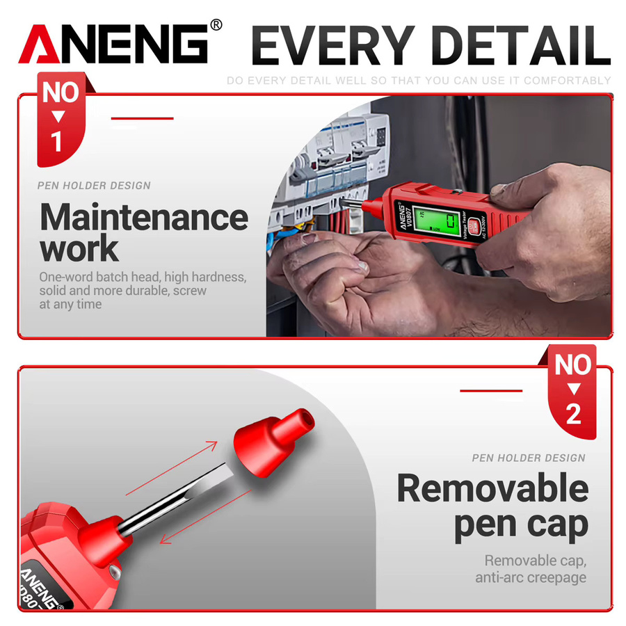 ANENG VD807 Berührungsloser Spannungsprüferstift Induktionsspannungsdetektor in Schwarz und Rot für AC 12-300 V 50/60 Hz - Bild 4