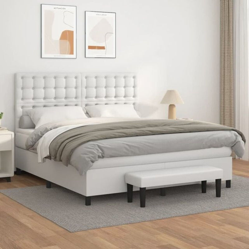 Vidaxl Boxspringbett mit Matratze in Weiß aus Kunstleder, Modernes Polsterbett B/T: 160 x 200 cm - Bild 1