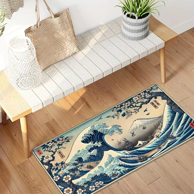 VIKAMA Retro Teppich mit japanischem Ukiyo-e Wave Design in Blau, rutschfest und schmutzabweisend, ideal für Wohnzimmer, Küche oder Flur - Bild 3