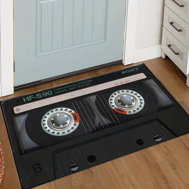 Schmutzabweisende Heimfußmatte Retro-Kassettenband in Schwarz, B/T: 50 x 30 cm - Bild 1