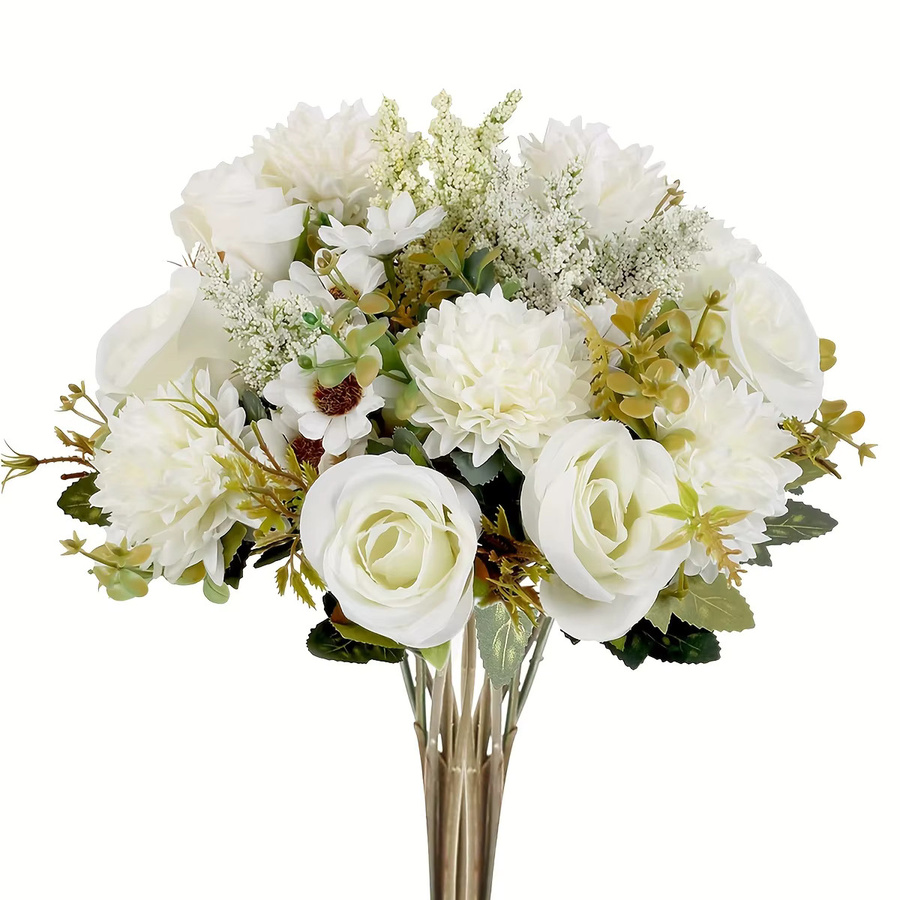 TTCY Künstliche Seidenrosen und Chrysanthemen in Weiß für Hochzeiten, Weihnachten und DIY-Dekorationen - Bild 2