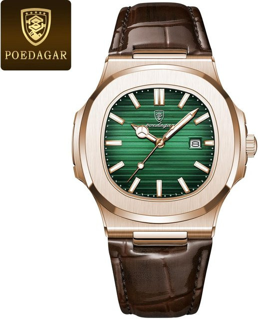 POEDAGAR Armbanduhr Edelstahl, Quarz, Eckig, Grün, Herren - Bild 1