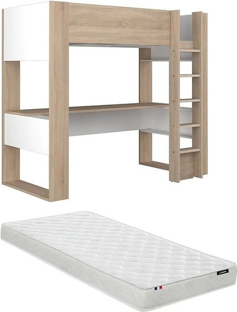 Vente-unique Hochbett Noah in Naturfarben Hell und Weiß, B/T/H: 90 x 200 x 206 cm - Bild 1