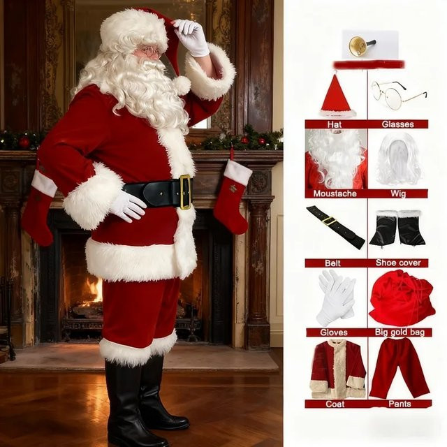 Hangchen Family Deluxe-Weihnachtsmann-Kostümset, 11-teiliges Set, Rot, Bunt / Mehrfarbig - Bild 1