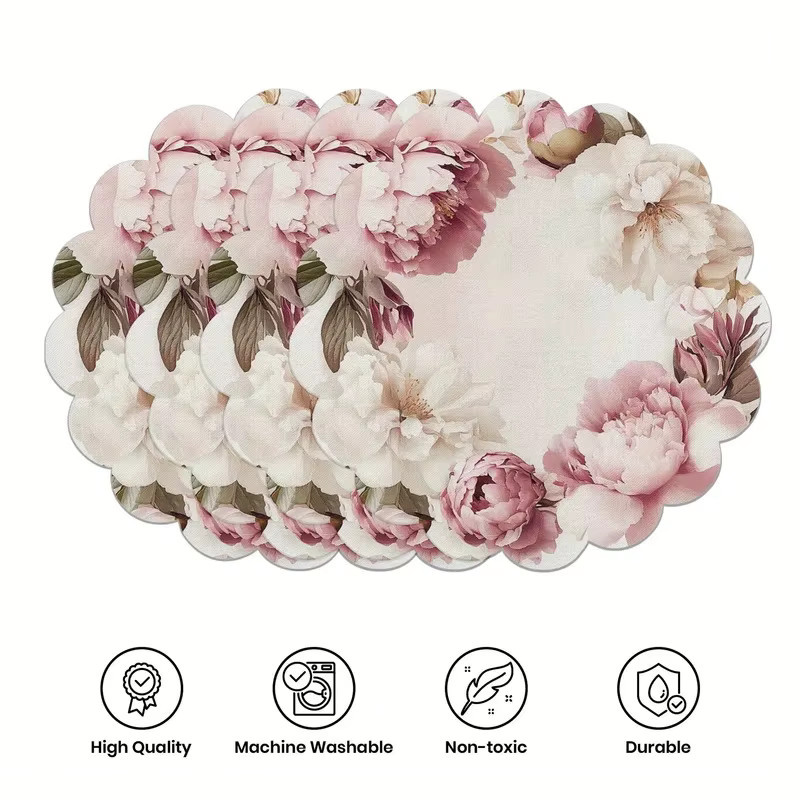 VIKAMA Vierteiliges Pfingstrosen-Tischset in Pink, rutschfest und hitzebeständig, florale Platzsets für Küche, Partys und Hochzeiten - Bild 2