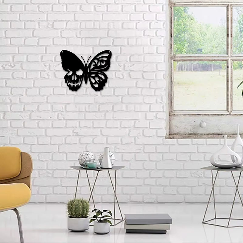 CIFBUY Wandkunst aus Metall Schädel und Schmetterling in Schwarz als Wandbehang und Ornament für Halloween - Bild 5