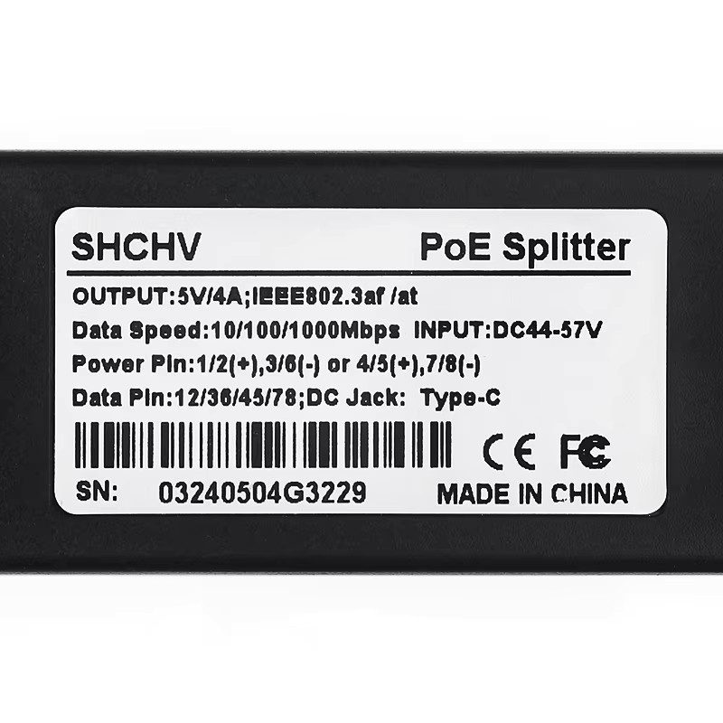 SHCHV PoE Splitter Gigabit Ethernet 10/100/1000MB IEEE 802.3 af/at Typ-C für Raspberry Pi 5, Schwarz - Bild 3