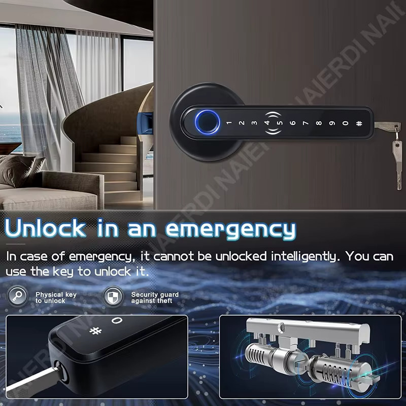 NAIERDI Intelligentes Fingerabdruck-Türschloss mit Griff und Bluetooth via Tuya App, digitales Passwort-Schloss für deine Eingangstür - Bild 3