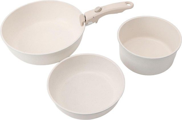 3-teiliges Nensit Bratpfannen-Set mit abnehmbarem Griff aus Keramik, Weiß, geeignet für Induktionsherd und Gasherd - Bild 1