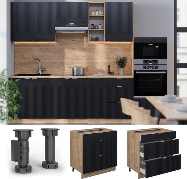 Vicco Schubladenunterschrank Fame-Line in Eiche und Schwarz gestreift mit Arbeitsplatte in Anthrazit, Breite: 80 cm - Bild 1