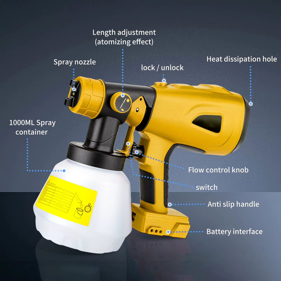 Akku-Farbspritzgerät Gelb kompatibel mit DeWalt und Ryobi 20V Max mit 1000ml Behälter - Bild 4