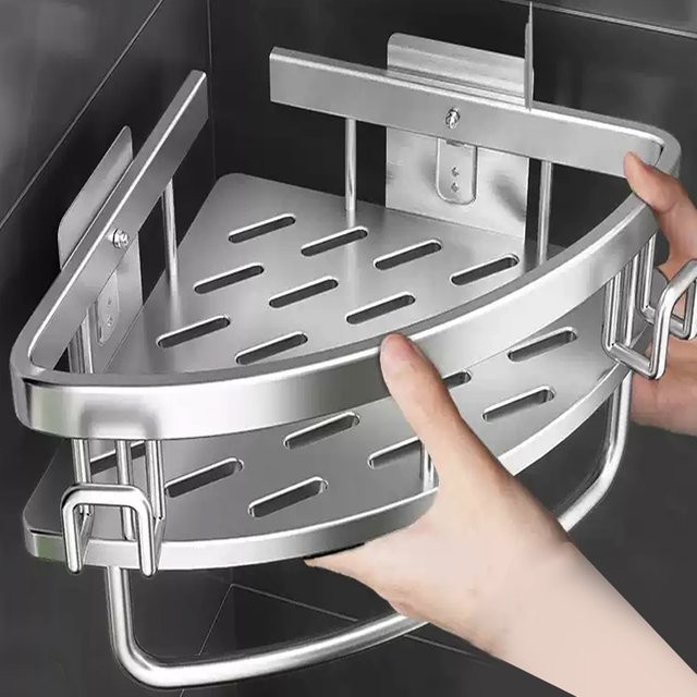 YUNJIEYA Badezimmer-Eckregal zur Wandmontage ohne Bohren aus Metall in Silber - Bild 1