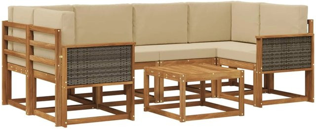 vidaXL Outdoor-Sofagarnitur L-Form aus Akazienholz mit 5 Kissen in Natur-Beige - Bild 1