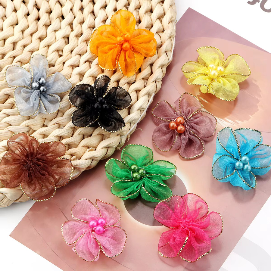20 Stück handgefertigte Schneegaze-Blumen in Bunt mit Goldrand, Pflaumenblüten mit Durchmesser 4 cm für DIY-Kleidung und Dekorationszubehör - Bild 3