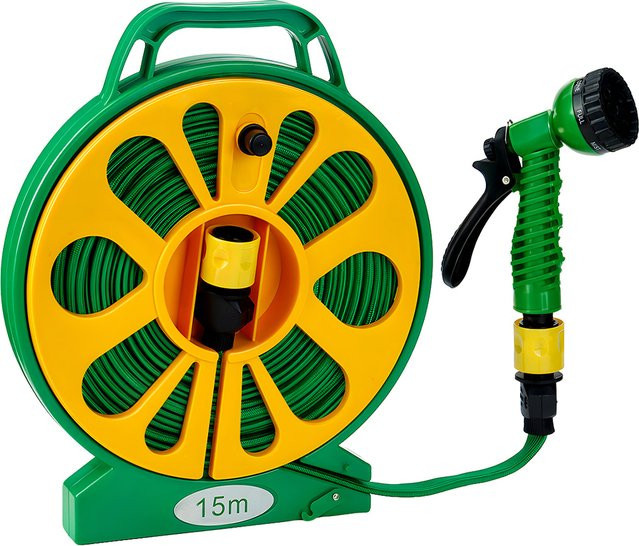 Drillpro PVC-Gartenschlauch in Grün mit 5 Sprühmustern und Sprühdüse, Länge: 15 m, passend für 1/2 Zoll oder 3/4 Zoll Wasserhähne - Bild 1