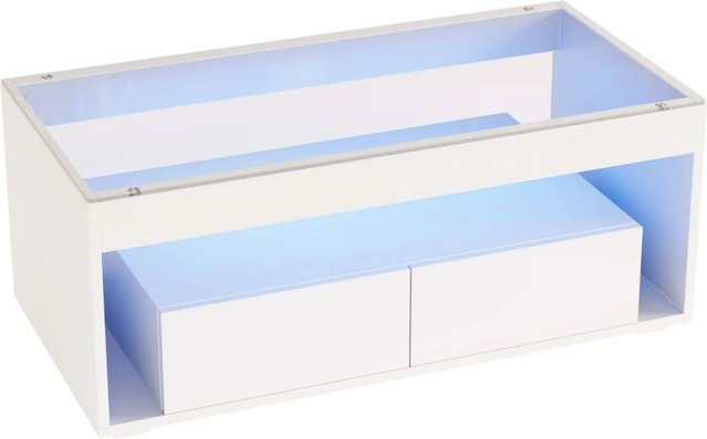 PXloue Couchtisch in Weiß Hochglanz mit LED Glasplatte, B/T/H: 100 x 50 x 40 cm - Bild 1