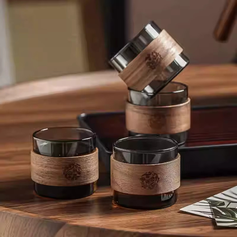 YWDL Teebecher Set aus hitzebeständigem Glas mit Holzhalter, 6 Stück, transparent, 150 ml pro Becher - Bild 3
