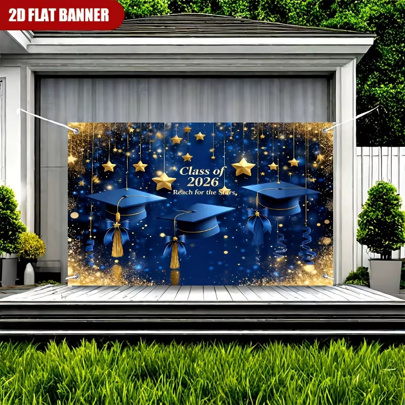 VIKAMA Abschlussfeier Wandteppich Jahrgang 2026 Banner Fotokulisse Blau mit Sternen und abstraktem Design - Bild 5
