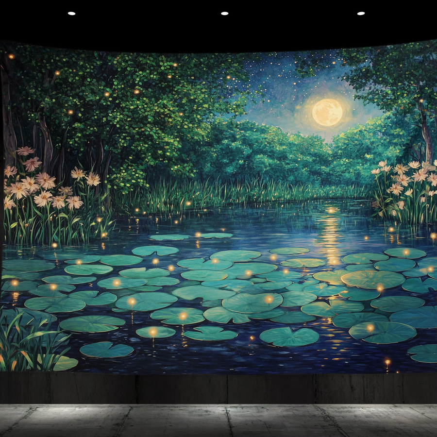 VIKAMA Moonnight Sleeping Lotus Pond Wandteppich mit Wald, Sternenhimmel und Glühwürmchen in Multicolour, B: 60,0 cm, H: 40,0 cm - Bild 2