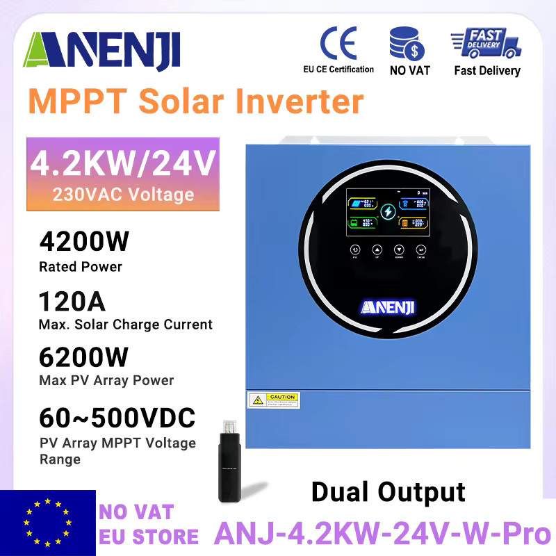 ANENJI Hybrid-Solarwechselrichter 4,2 kW 24V On-Grid/Off-Grid mit WLAN, Reiner Sinus, 100A MPPT und Dual-Ausgängen, Maximale PV-Leistung 5000W, Blau - Bild 2
