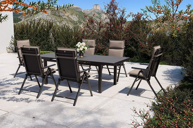 Kettler BasicPlus Pro Garten-Essgruppe in Anthrazit mit ausziehbarem Tisch und 6 Klappstühlen inklusive Auflagen aus Aluminium, Textilene und Glas - Bild 1