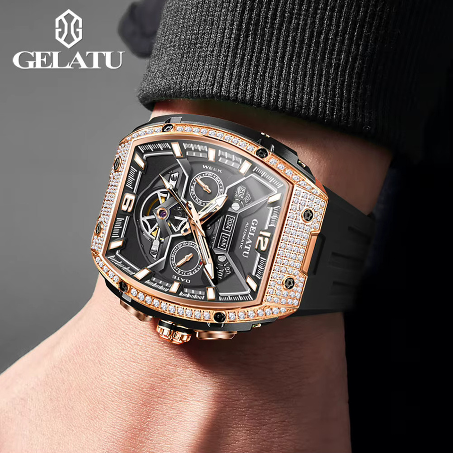 GELATU Armbanduhr, Automatik, Diamant, Silikonarmband, Herren, Schwarz - Bild 5