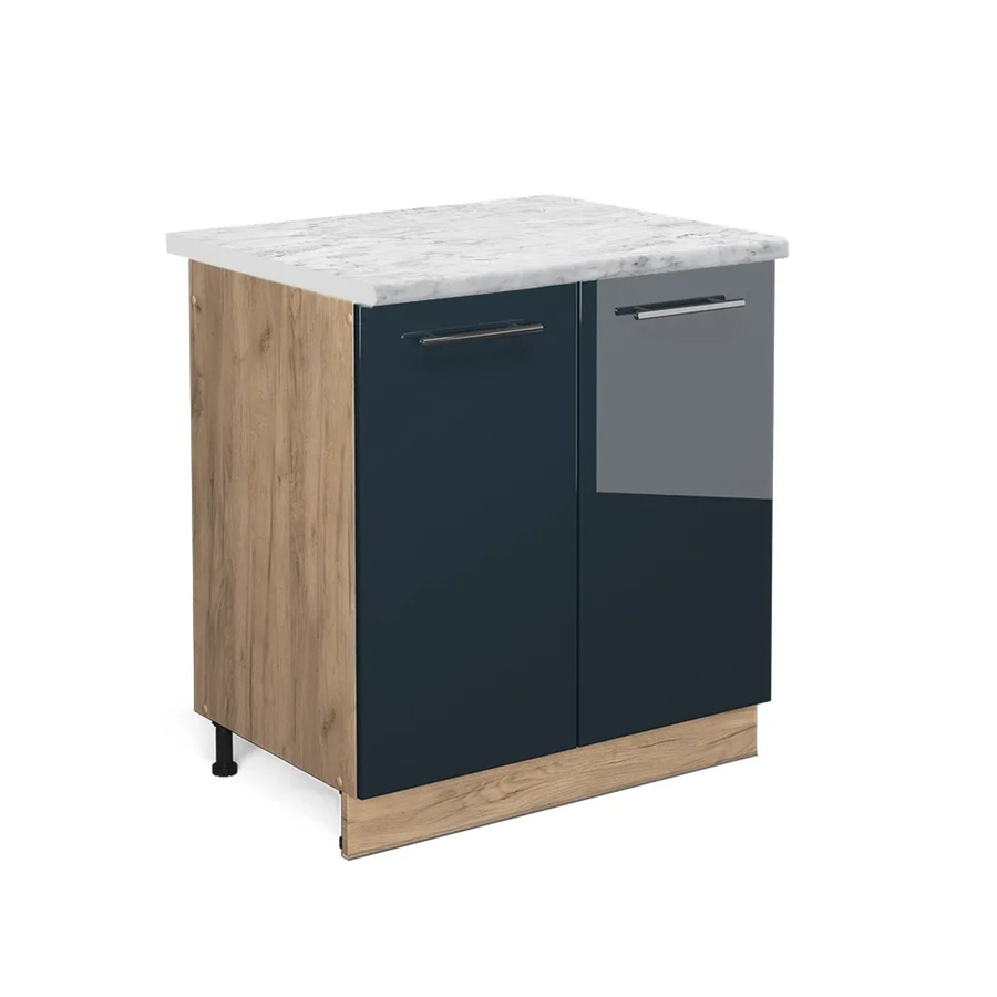 Vicco Spülenunterschrank Fame-Line in Dunkelblau Hochglanz und Eiche mit weißer Marmor-Arbeitsplatte, Breite: 80 cm - Bild 3