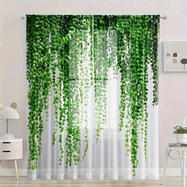 2er-Set Yiran Furniture Vorhänge mit grünem Reben-Muster, halbtransparente Voile-Fensterdekoration mit Ösen, Breite: 100 cm, Höhe: 160 cm - Bild 1