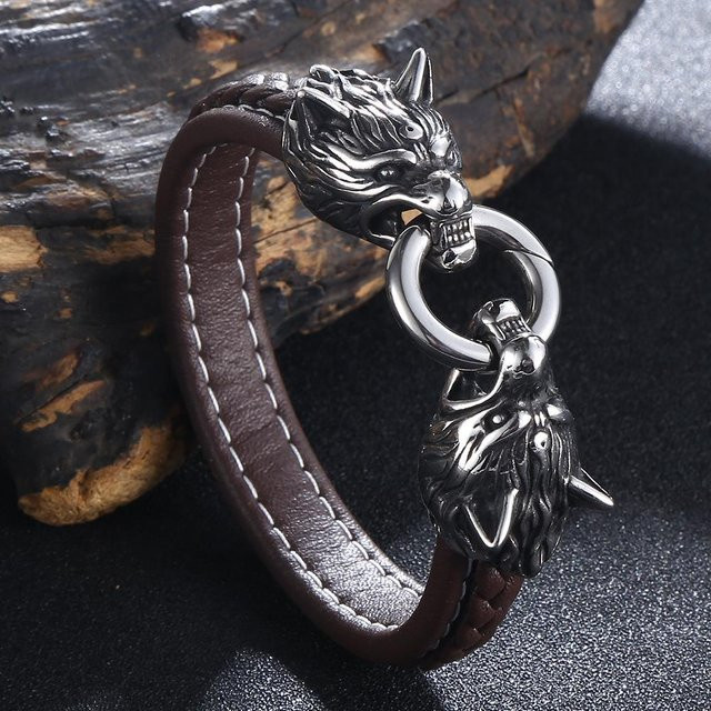YULIN Armband, Doppelter Wolfskopf, Edelstahl, Leder, Herren, 23cm, kaffeebraun - Bild 1