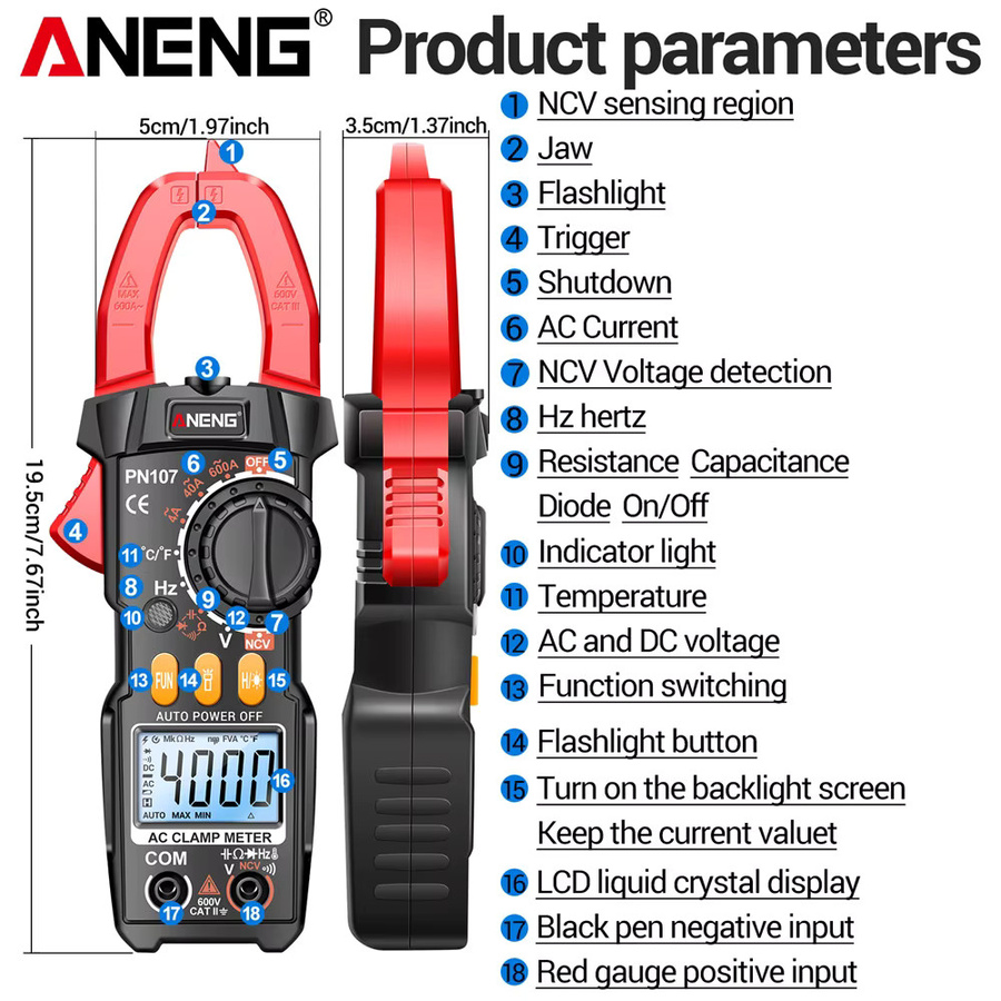 ANENG PN107 Zangenamperemeter VC1010 Spannungsprüfer-Set in Rot mit 4000 Anzeigen, 200A AC/DC Strommessung und NCV-Erkennung für Elektriker - Bild 5