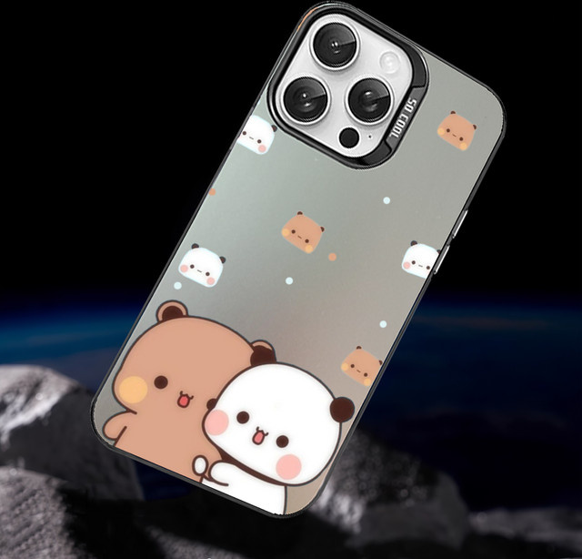 BuBu DuDu Cartoon Handyhülle für iPhone 16 15 14 13 12 11 Pro Max in Grau Matt mit Laser Metallic Aurora Effekt - Bild 1