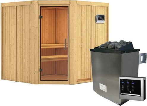 Karibu Sauna Vöru aus Fichtenholz in Beige inklusive 9 kW Saunaofen mit externer Steuerung für 4 Personen, B/T/H: 196 x 198 x 196 cm - Bild 1